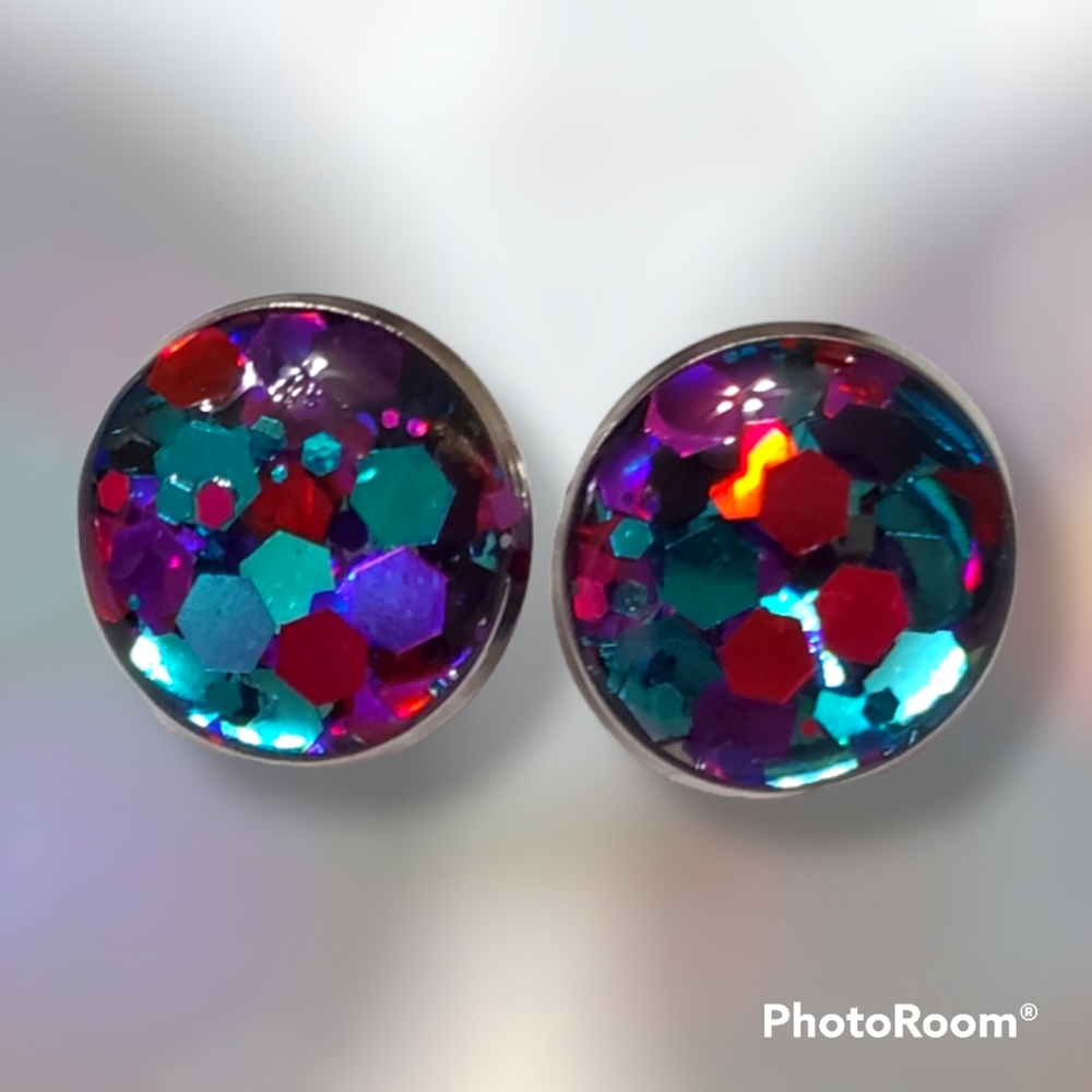 Glitter Stud Earrings Red/Green